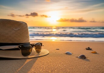 Bask in golden hour bliss with a straw hat, sunglasses, and seashells on a serene sandy beach at sunset, evoking vacation vibes and seaside tranquility