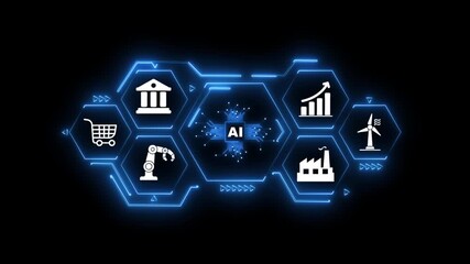 Glowing Neon Artificial Intelligence Concept. Man use AI technology to interact and assist with various processing needs of users, industry, finance, banking, education, agriculture - Powered by Adobe