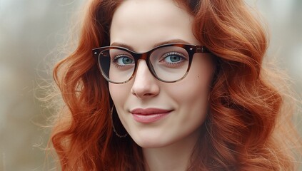 Fototapeta premium Gazing red curly-haired woman wearing tortoiseshell glasses outdoors showing silver hoop earring