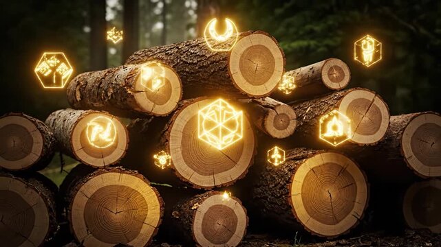 Glowing mystical symbols above stacked logs create enchanting atmosphere in tranquil forest, where natures beauty and woods texture evoke sense of wonder and serenity