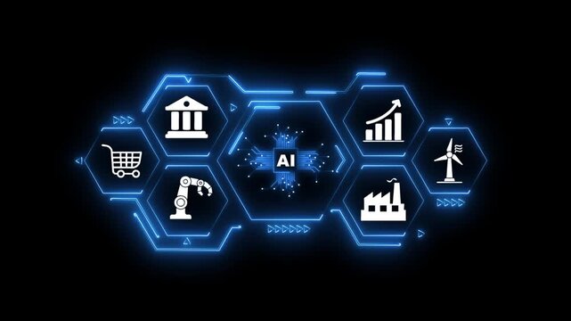 Glowing Neon Artificial Intelligence Concept. Man use AI technology to interact and assist with various processing needs of users, industry, finance, banking, education, agriculture - Powered by Adobe