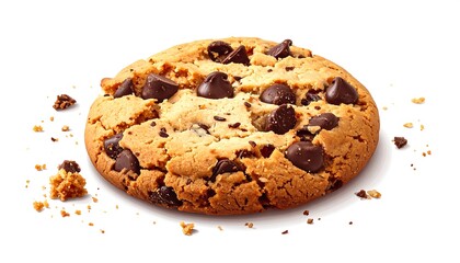 A single chocolate chip cookie with crumbled pieces around it, lit naturally against a plain white background