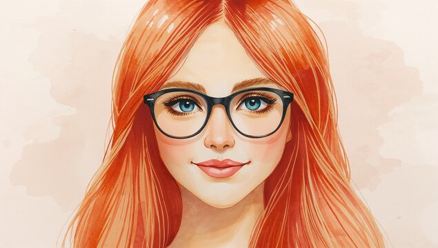 Displaying red-haired woman wearing black-framed eyeglasses on abstract pastel watercolor canvas - Powered by Adobe