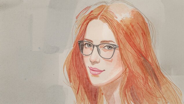 Depicting portrait showing red hair and glasses in art studio, with watercolor brushstrokes - Powered by Adobe
