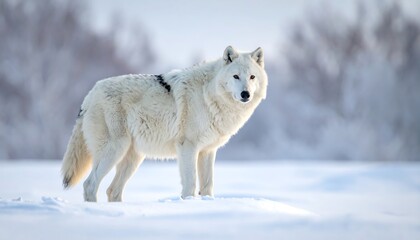 A white wolf with slight black markings stands in a snowy field with blurred trees visible in the distant background
