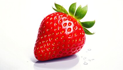 A single, ripe strawberry with green leaves on a white reflective surface, with a few small water droplets nearby
