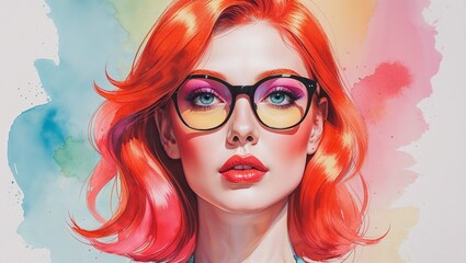 Obraz premium Displaying woman wearing black-rimmed eyeglasses, sporting pink yellow eyeshadow in studio portrait