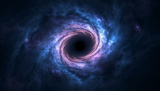 Displaying cosmic black hole spiraling in space, with glowing accretion disk and swirling dust