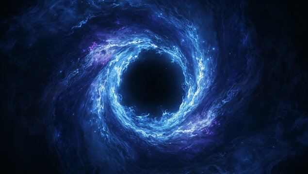 Swirling blue energy vortex forming circular portal in deep space, with glowing gas tendrils