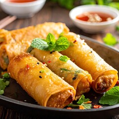 Crispy Spring Rolls with Fresh Mint and Dipping Sauce.