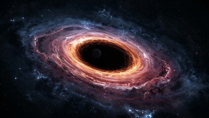 Spiraling black hole pulling ionized gas streams in far outer space, with glowing accretion disk