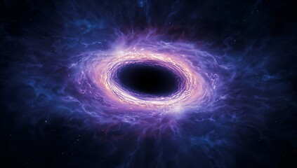 Swirling nebular clouds at black hole in deep space, showing bright accretion disk amid star specks