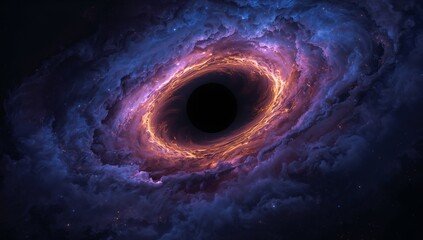 Spiraling glowing accretion disk around central black hole in outer space, with nebular gas clouds