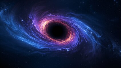 Displaying black hole swirling accretion disk in space, with interstellar gas clouds, distant stars