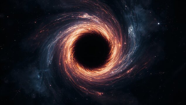 Swirling accretion disk spiraling around supermassive black hole in space with ionized gas streams - Powered by Adobe