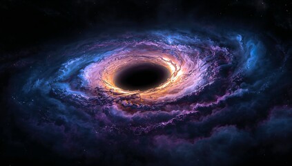 Displaying black hole with accretion disk in outer space, swirling gas clouds with dust plasma arms