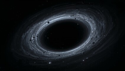 Displaying supermassive black hole pulling in bright plasma disk in deep space, asteroids and stars