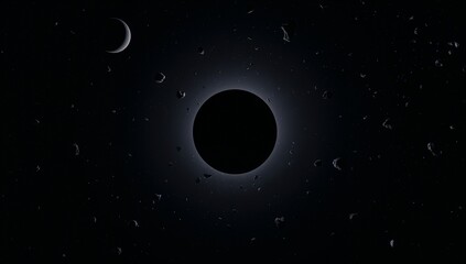 Floating dark spherical body glowing corona in space, with crescent moon and asteroid fragments