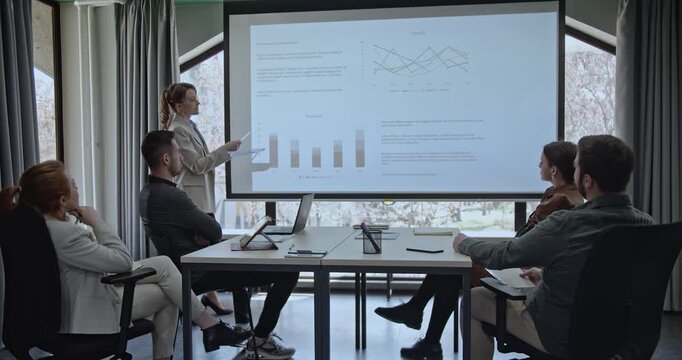 Business team in a meeting room analyzing graphs, charts, and reports projected on a screen, discussing progress and strategies for success.