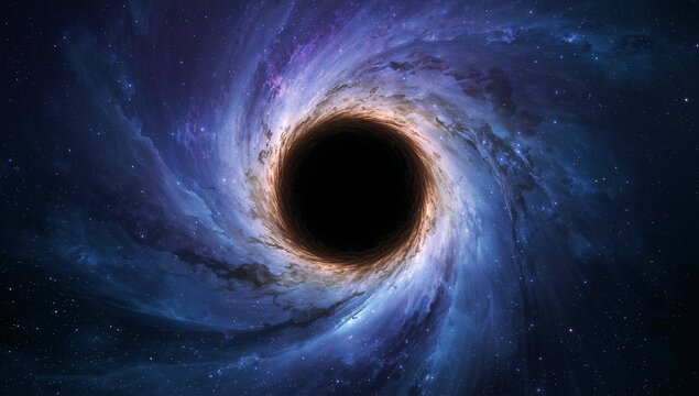 Supermassive black hole spinning glowing accretion disc in galaxy core, distant stars peppering - Powered by Adobe