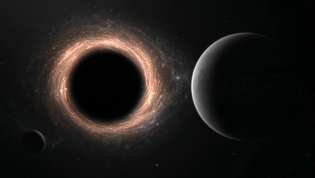 Black hole with glowing accretion disk spinning in outer space, with lit planet, moon and stars