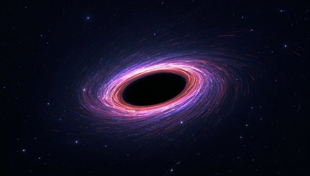 Depicting black hole drawing gas streaks into swirling accretion disk in space, with distant stars