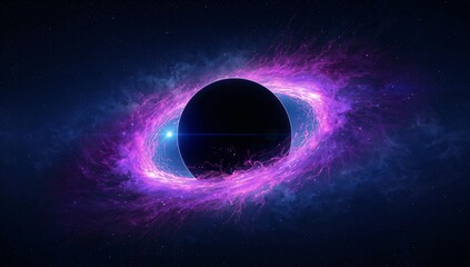 Swirling purple accretion disk orbiting dark black hole in deep space, with distant star light