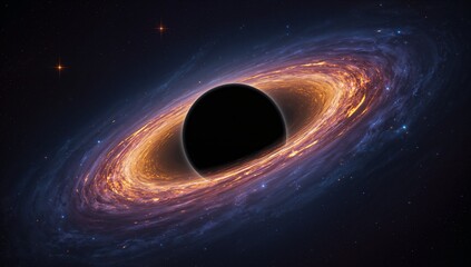 Swirling black hole drawing hot gas, dust in space, with glowing accretion disk and distant stars