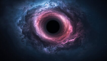 Showing black hole forming swirling accretion disk with nebular clouds in space, with distant stars