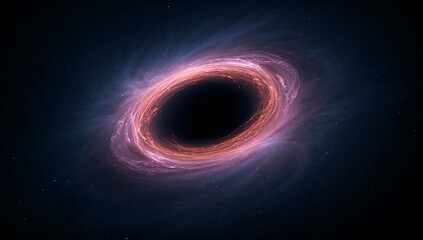 Spiraling accretion disk around supermassive black hole in space, with hot plasma filaments, stars