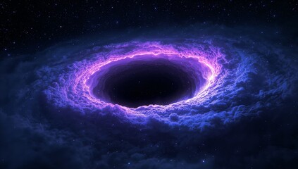 Spiraling purple gas ring enveloping central dark void in deep space, with star-studded backdrop