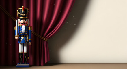 Traditional Christmas nutcracker soldier decoration on stage with a red curtain