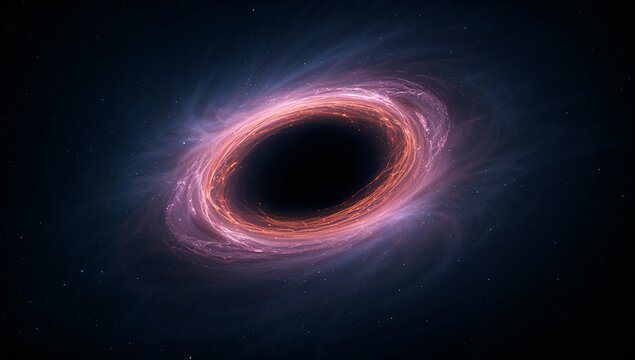 Spiraling accretion disk around supermassive black hole in space, with hot plasma filaments, stars - Powered by Adobe
