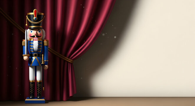 Traditional Christmas nutcracker soldier decoration on stage with a red curtain
