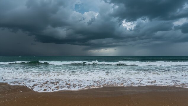 Crashing ocean waves spreading white foam at sandy shoreline, under dark storm clouds