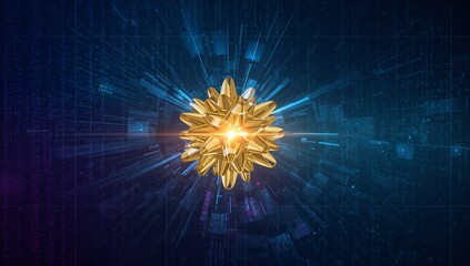 Radiating golden spiky polyhedron floating through virtual digital space, with glowing code streams