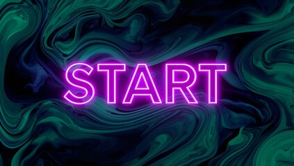 Glowing neon pink START sign flashing over swirling marbled digital backdrop, with motion and depth