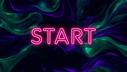 Displaying neon START sign glowing in digital abstract scene, with swirling green and purple shapes