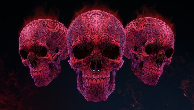 Floating three ornate skulls glowing with swirling red purple motifs in dark void, with ember wisps - Powered by Adobe