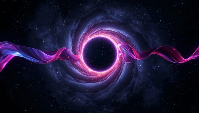 Rotating black hole pulling swirling accretion disk in deep space, with neon energy ribbons - Powered by Adobe
