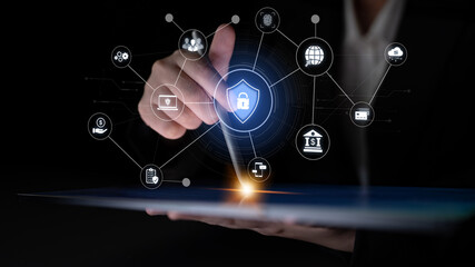 A complete cybersecurity system concept. Providing network protection for online banking, cloud data, financial transactions, and personal identity with secure authentication. Fermion