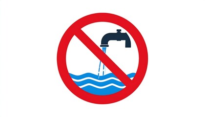 Graphic of a water tap with forbidden sign, symbolizing water conservation or ban of use, isolated on a white backdrop