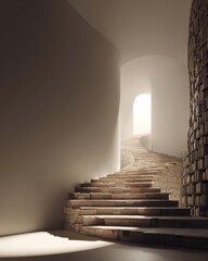 Staircase built from books leading toward bright light, symbolizing education, growth, and enlightenment.
