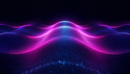 Displaying neon mesh surface undulating in 3D space, with glowing mesh grid, luminescent particles