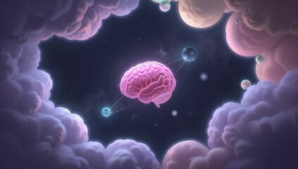 Obraz premium Orbiting pink brain linking three planets via bright arcs among pastel nebula clouds in outer space