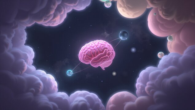 Orbiting pink brain linking three planets via bright arcs among pastel nebula clouds in outer space