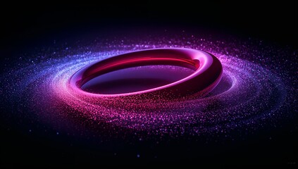 Floating glowing torus transitioning from magenta to purple in dark void, swirling neon particles