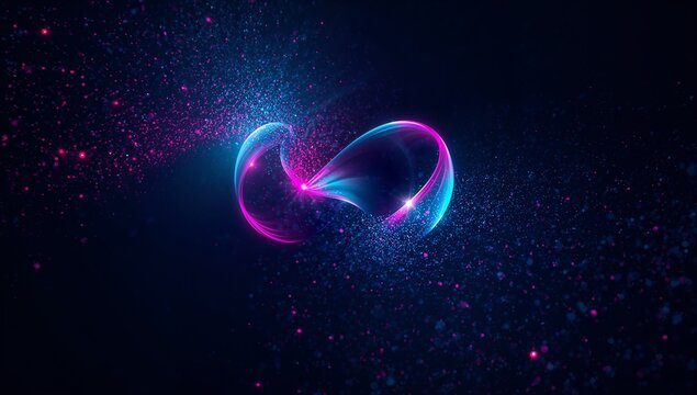 Glowing neon light trails swirling through dark digital space, with luminescent particles