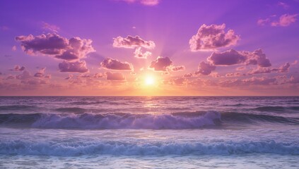 Fototapeta premium Glowing sun casting golden light over rolling ocean waves at dusk, with scattered cumulus clouds