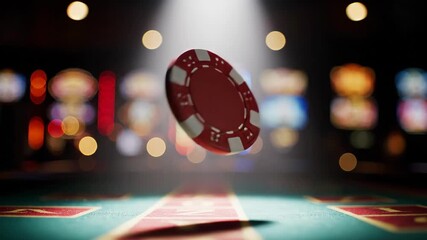 Red poker chip spinning over casino gambling table under spotlight. Betting, fortune, entertainment, and luck concept. Gaming footage. - Powered by Adobe